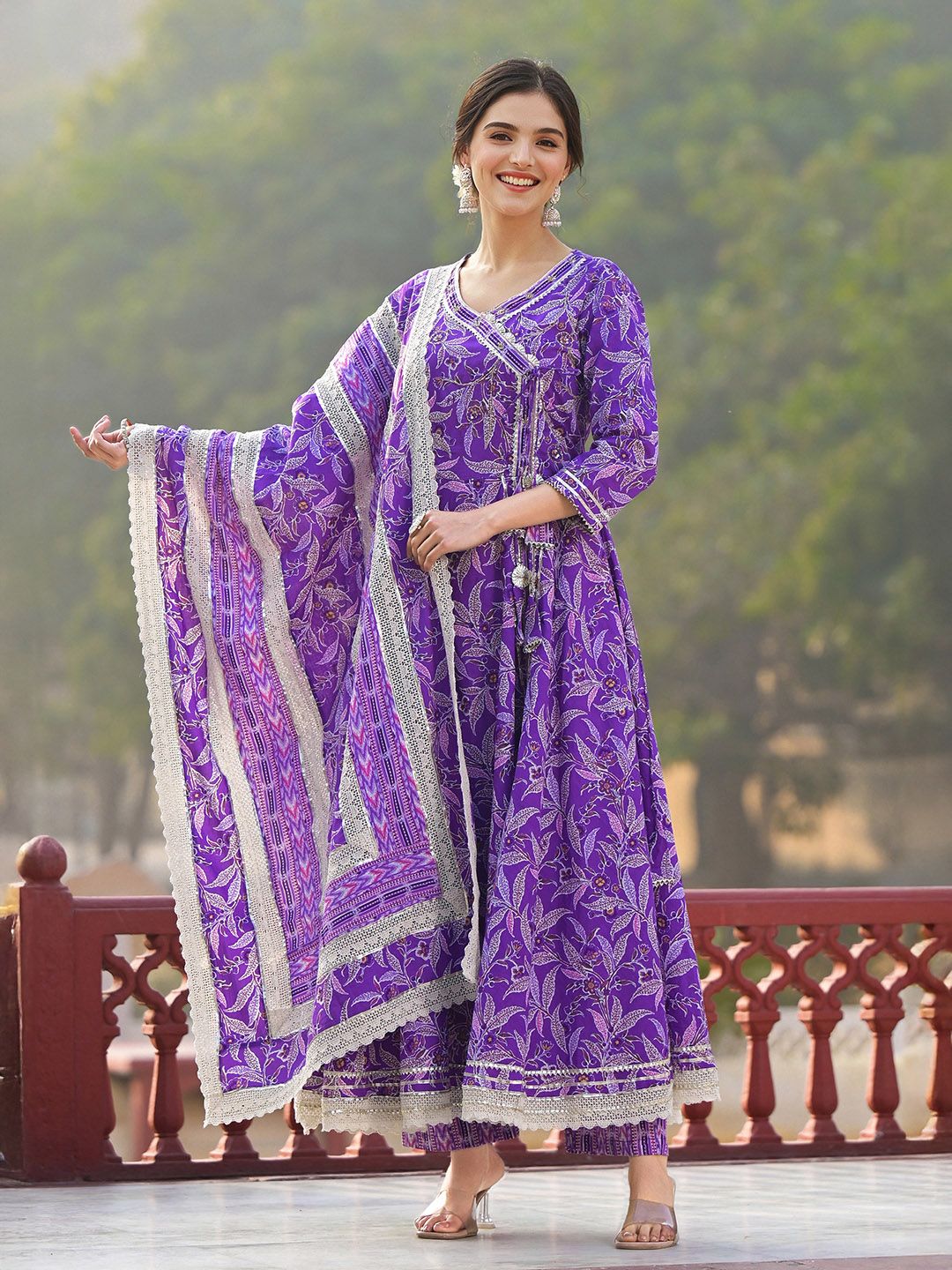 Dhiyona IS Women's Floral Printed Angrakha Thread Work Pure Cotton Kurta with Trousers & Dupatta