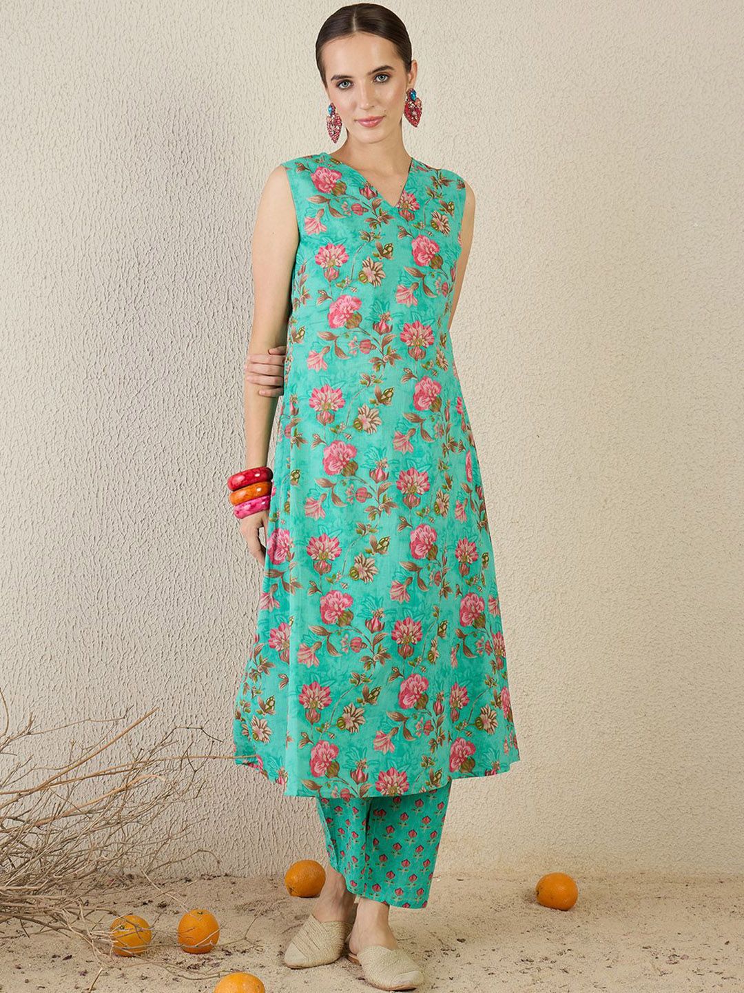 Floral Printed V-Neck Pure Cotton A-Line Kurta With Trouser