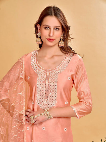 Dhiyona AN Orange Floral Embroidered Mirror Work Chanderi Cotton Kurta With Sharara & Dupatta