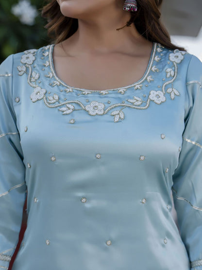 Dhiyona AN Blue Floral Embroidered Round Neck Straight Kurti With Sharara And Dupatta