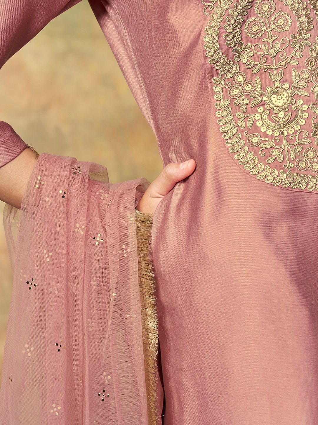 Dhiyona IN Floral Yoke Design Regular Pure Silk Kurta With Palazzos & Dupatta