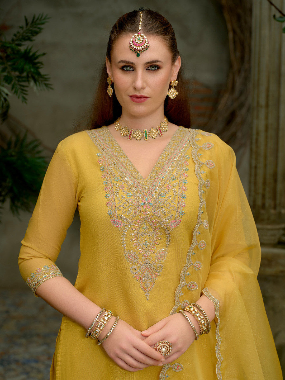 Floral Yoke Design Sequnnied Straight Kurta With Trousers & Dupatta