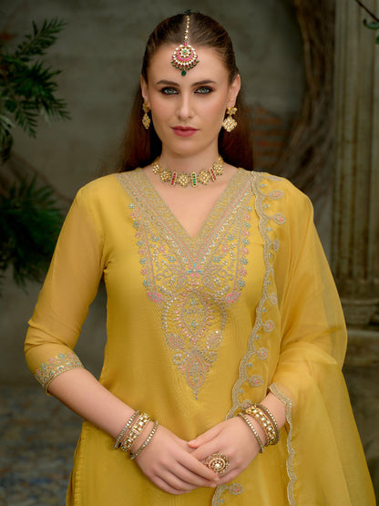 Floral Yoke Design Sequnnied Straight Kurta With Trousers & Dupatta