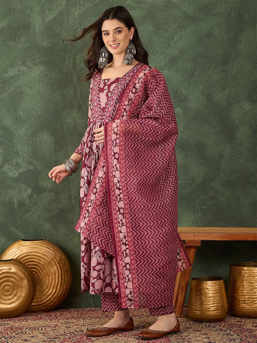 Dhiyona KL Floral Printed Anarkali Kurta With Trouser & Dupatta