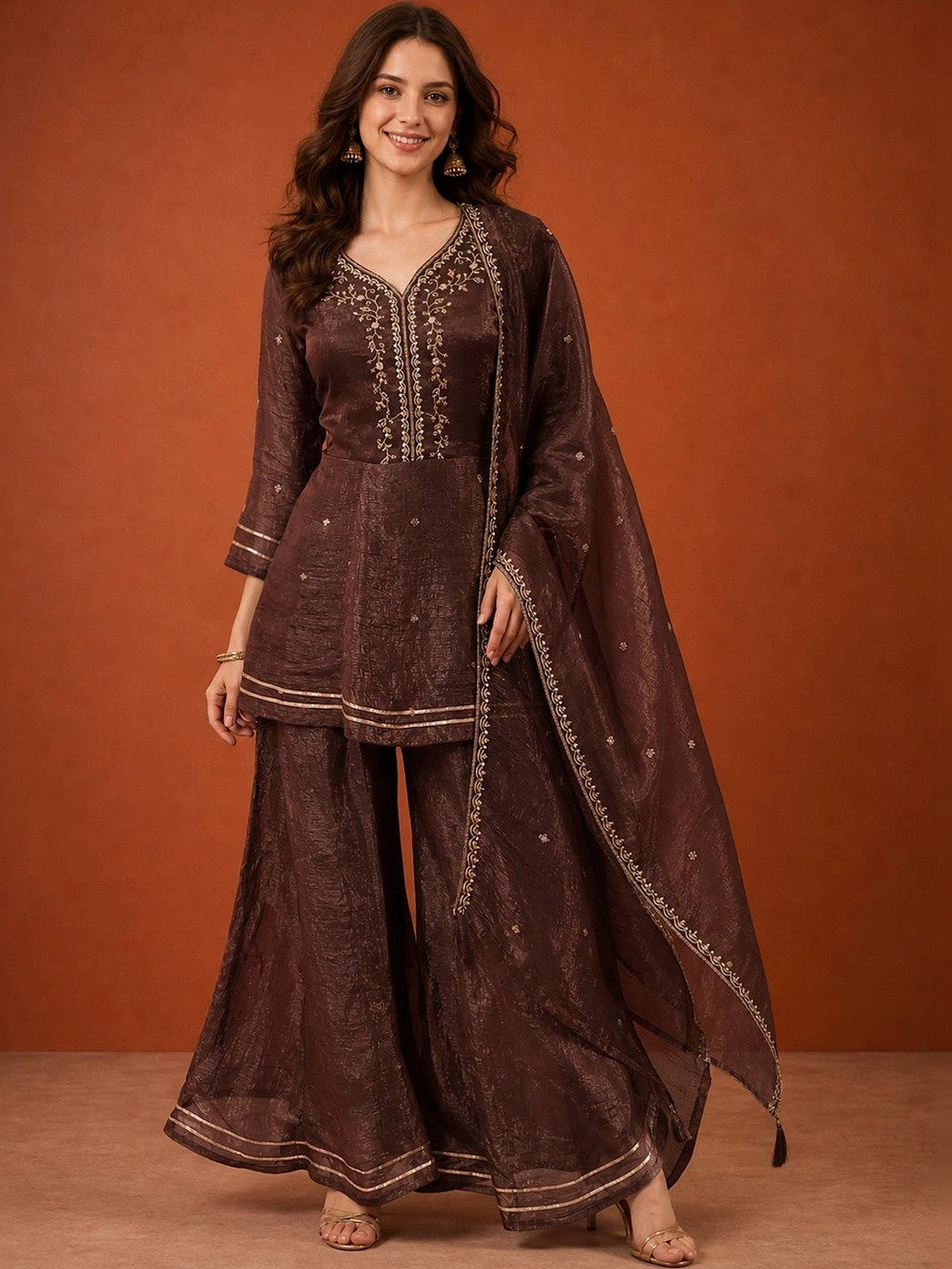 Women Ethnic Motifs Embroidered Empire Thread Work Kurta with Sharara & With Dupatta