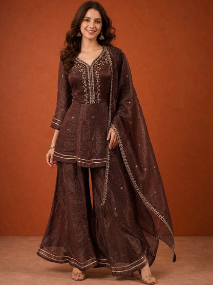 Women Ethnic Motifs Embroidered Empire Thread Work Kurta with Sharara & With Dupatta