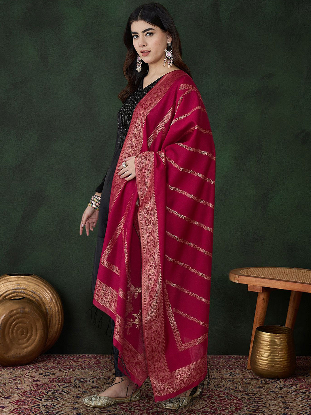 Self-Design Winter Velvet Kurta With Trousers & Dupatta