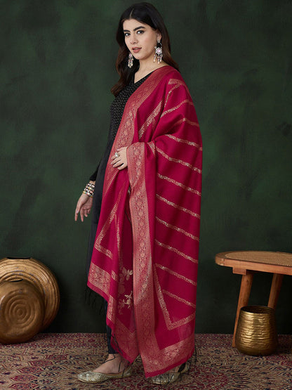 Self-Design Winter Velvet Kurta With Trousers & Dupatta