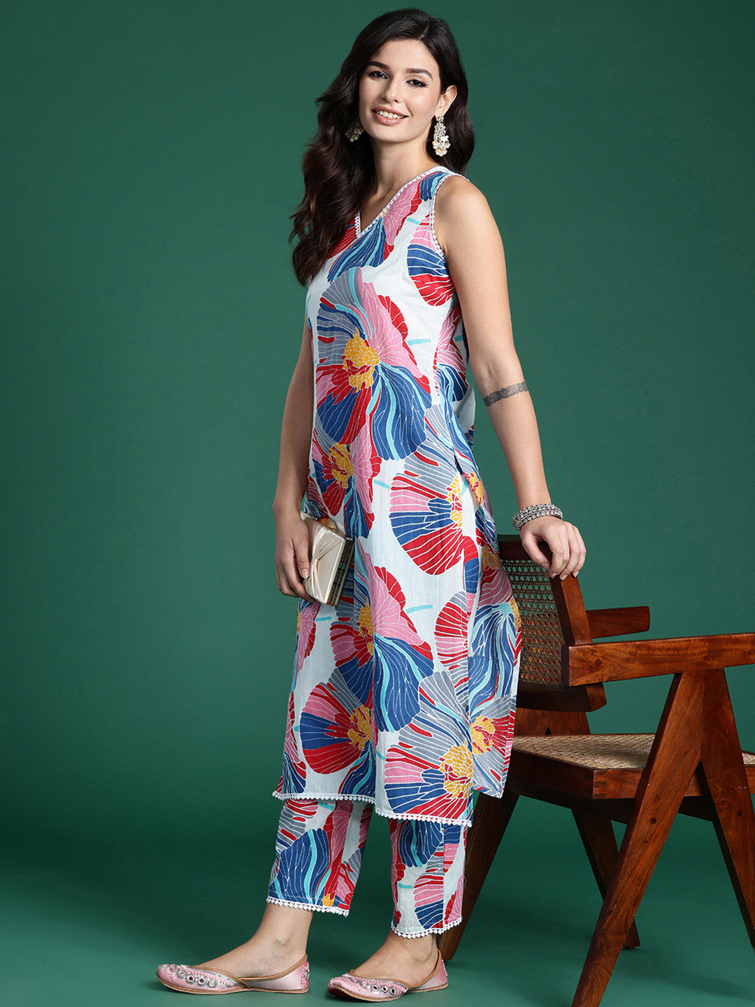 Floral Printed Pure Cotton Kurta with Trousers