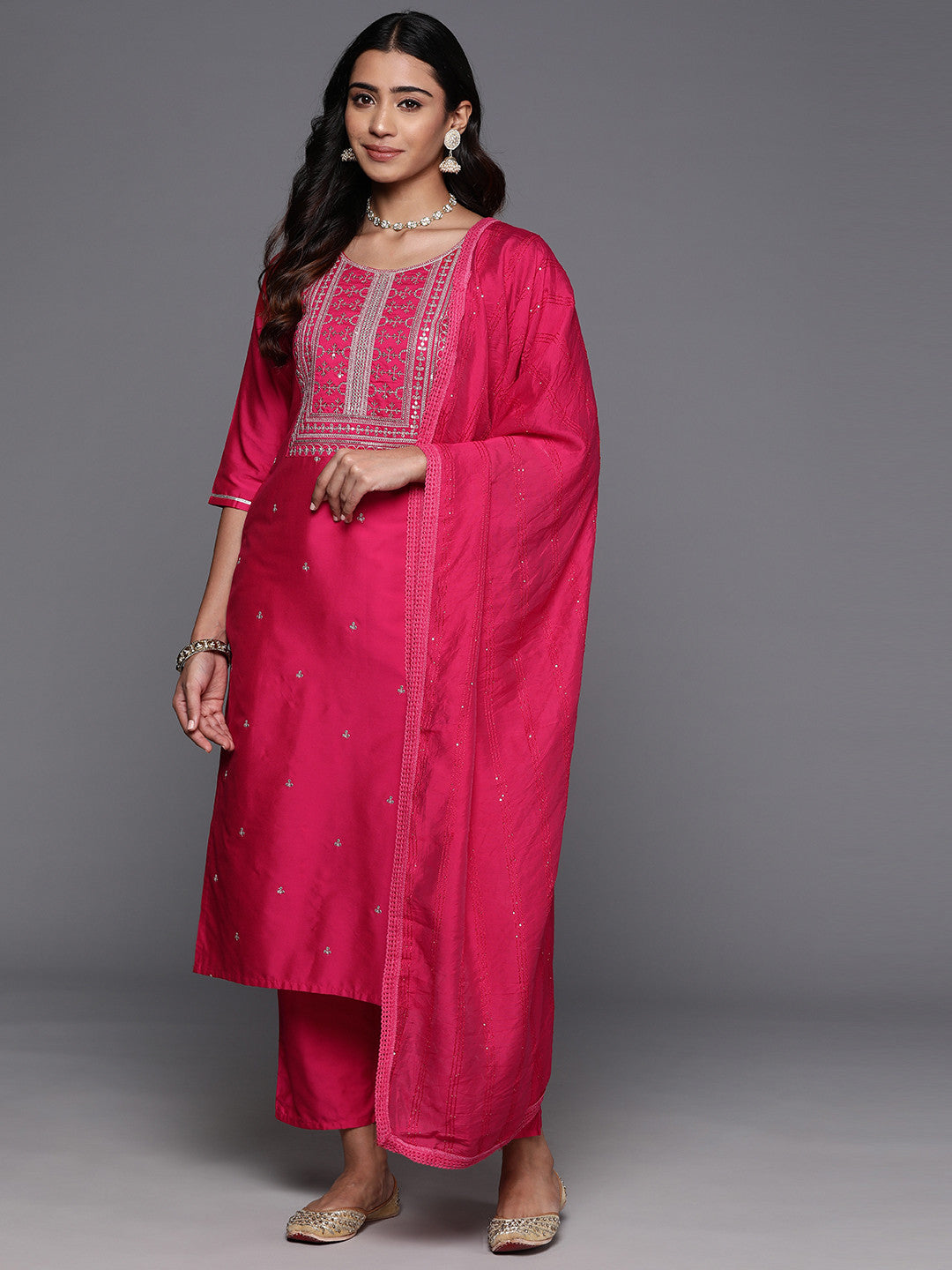 Ethnic Motifs Embroidered Regular Sequinned Kurta with Trousers Dupatta