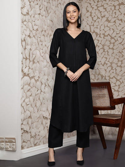 Black Black V-Neck Pleated Apple Hem Kurta With Trouser