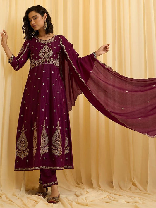 Dhiyona CH Women Floral Embroidered Panelled Sequinned Kurta with Trousers & With Dupatta