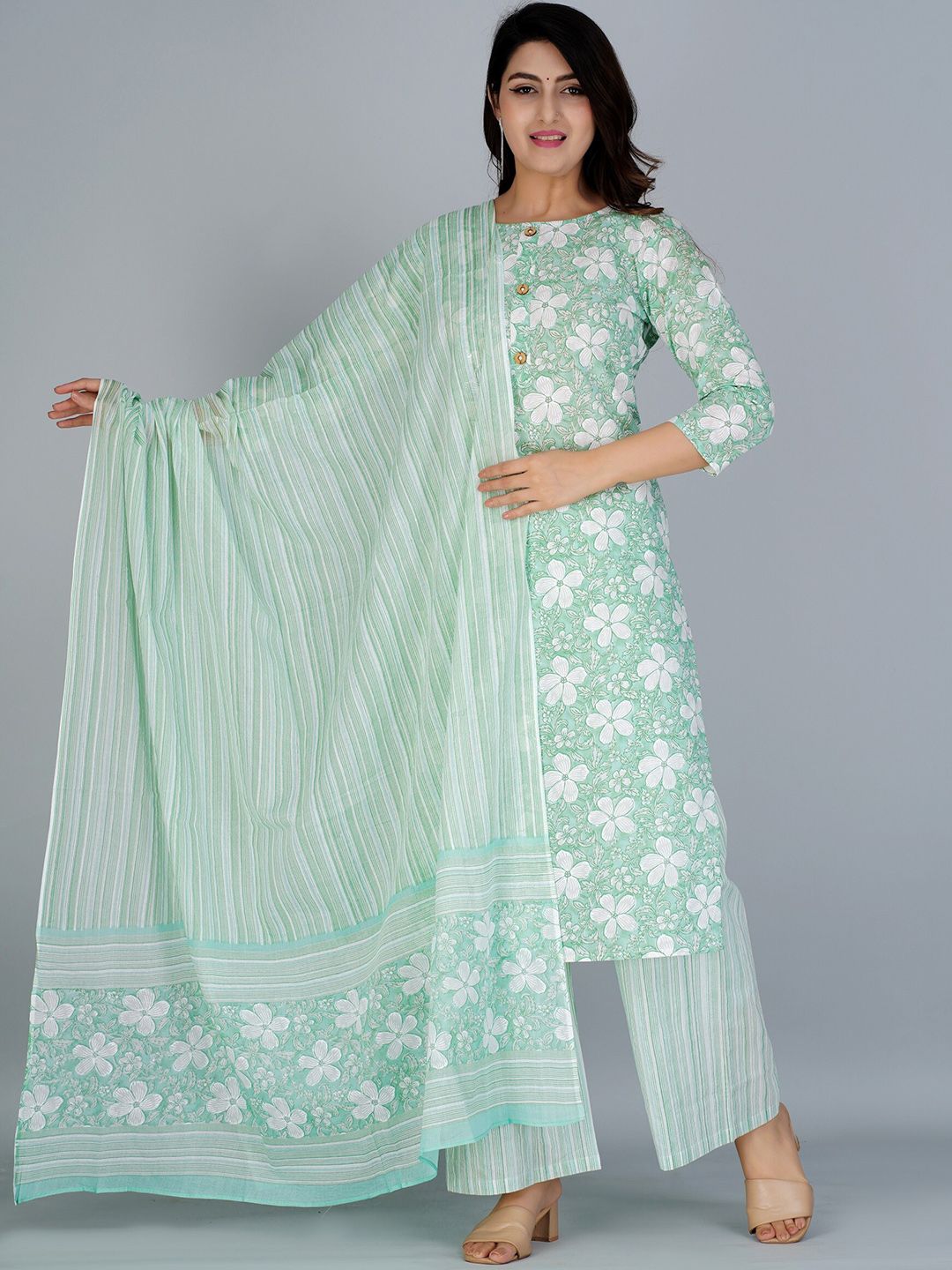 Dhiyona KL Floral Printed Regular Pure Cotton Kurta with Palazzos & With Dupatta