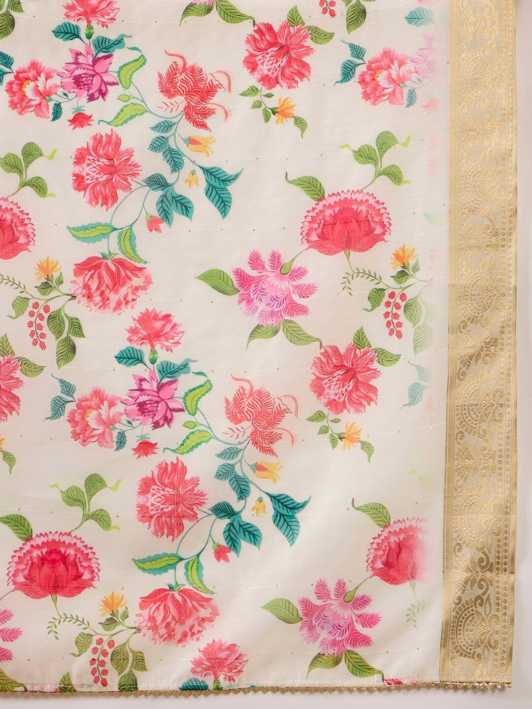 Off White Floral Embroidered Zari Sequence A-Line Kurta With Trouser & Dupatta