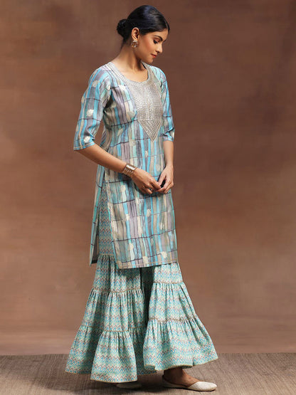 Geometric Printed Sequinned Straight Kurta With Sharara & Dupatta