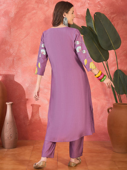 Floral Embroidered A-Line Kurta With Trousers & Bag