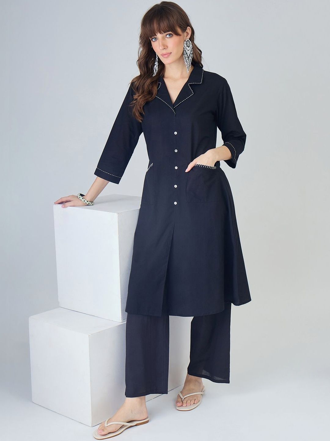 Dhiyona IE Women Regular Thread Work Pure Cotton Kurta with Palazzos