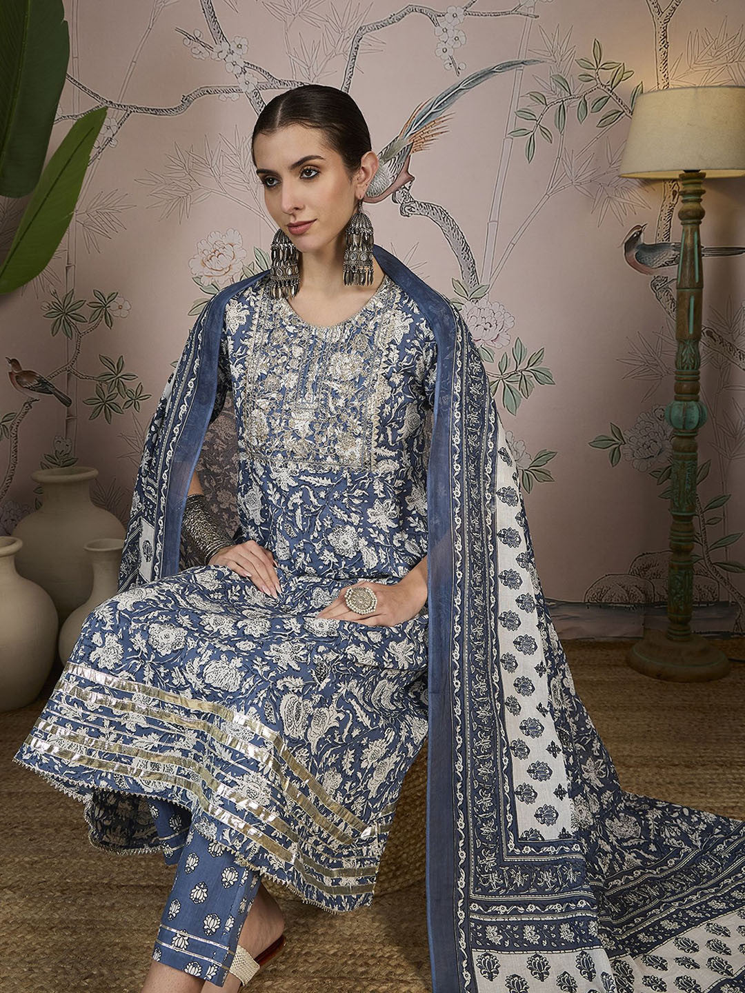 Floral Printed Zari Pure Cotton A-Line Kurta With Trousers And Dupatta