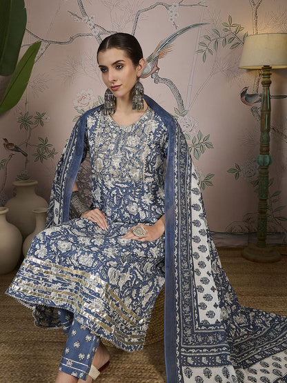 Floral Printed Zari Pure Cotton A-Line Kurta With Trousers And Dupatta