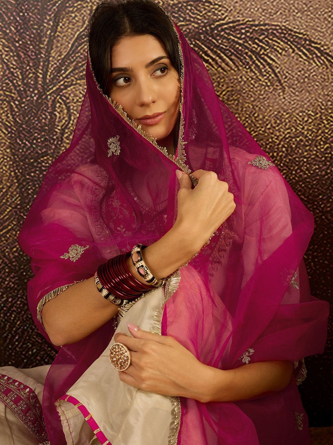 Dhiyona SN Ethnic Motifs Embroidered Straight Kurta with Palazzos & Dupatta
