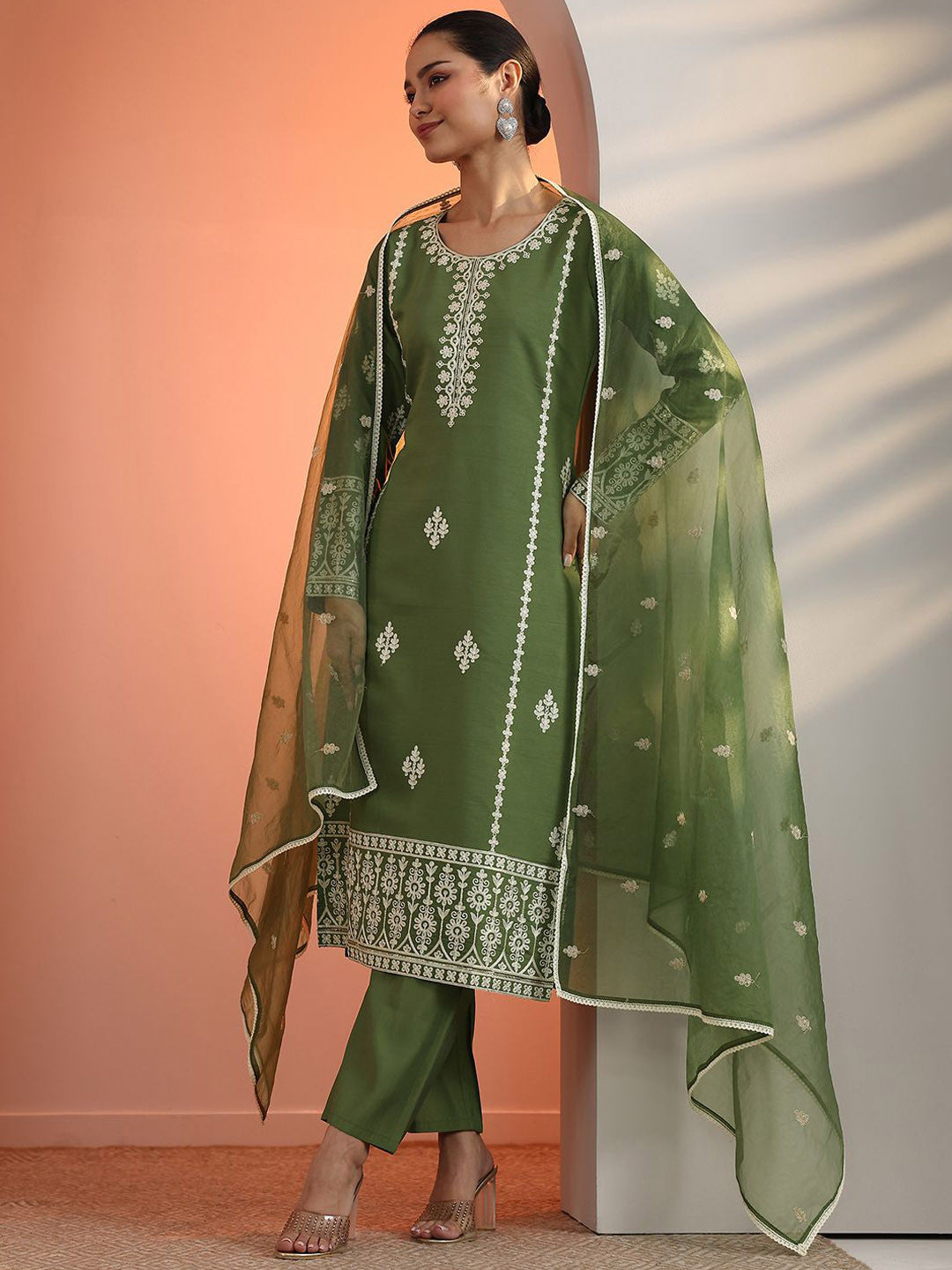 Floral Embroidered Straight Kurta With Trousers & Dupatta