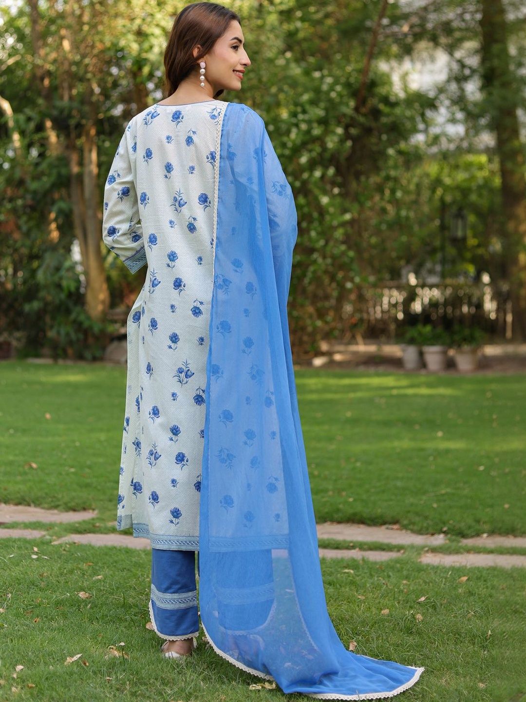 Dhiyona RR Women's Floral Printed Pure Cotton Kurta with Trousers & Dupatta
