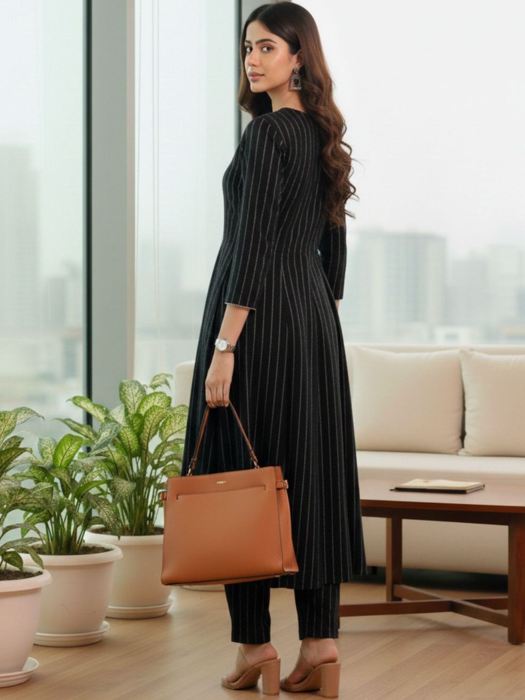 Black Women Striped Regular Silk Crepe Kurta with Trousers