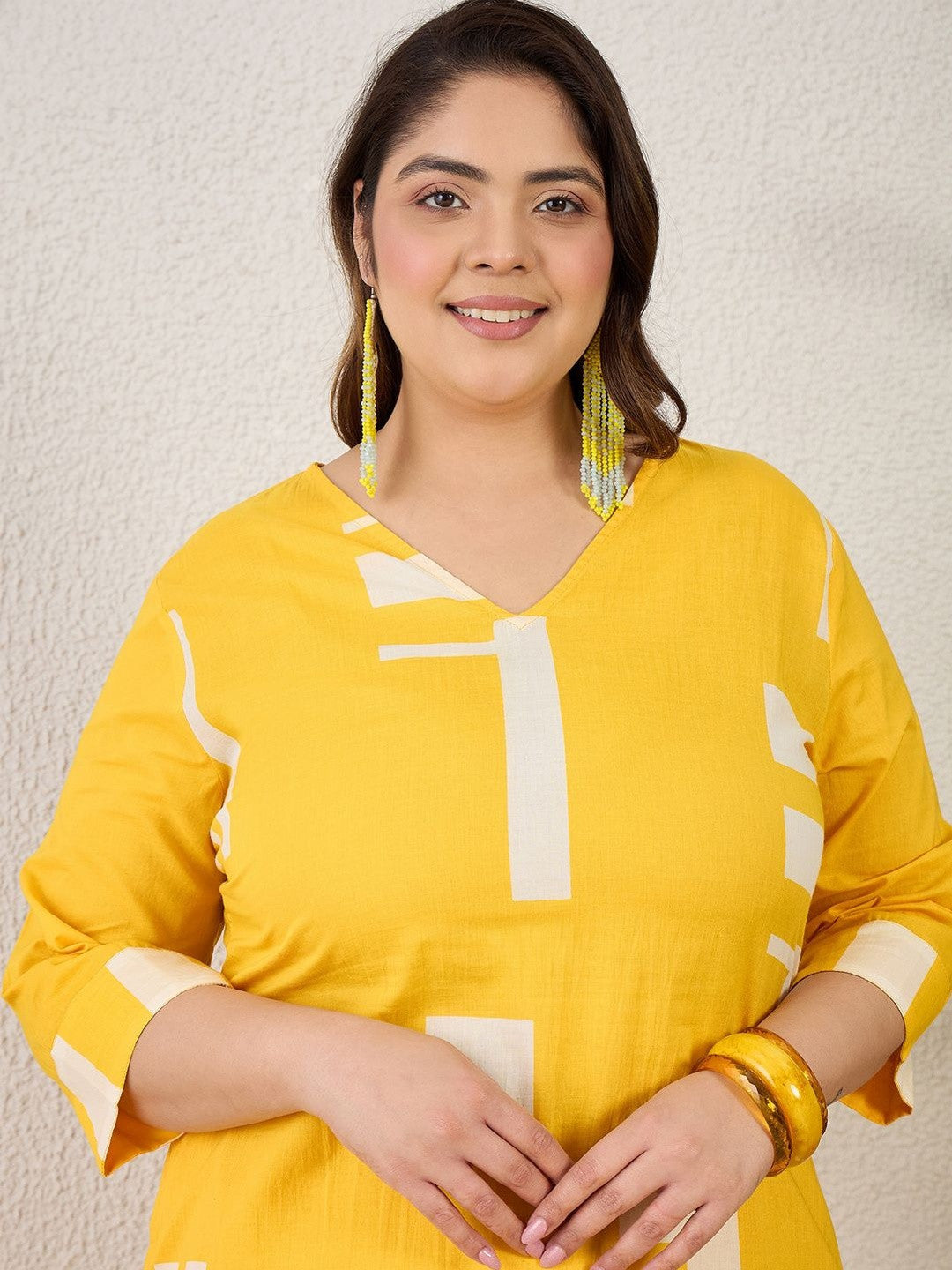 Plus Size Yellow Printed A-Line Kurta Trousers Set