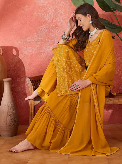 Dhiyona SN Floral Embroidered V-neck Straight Kurta With Sharara And Dupatta