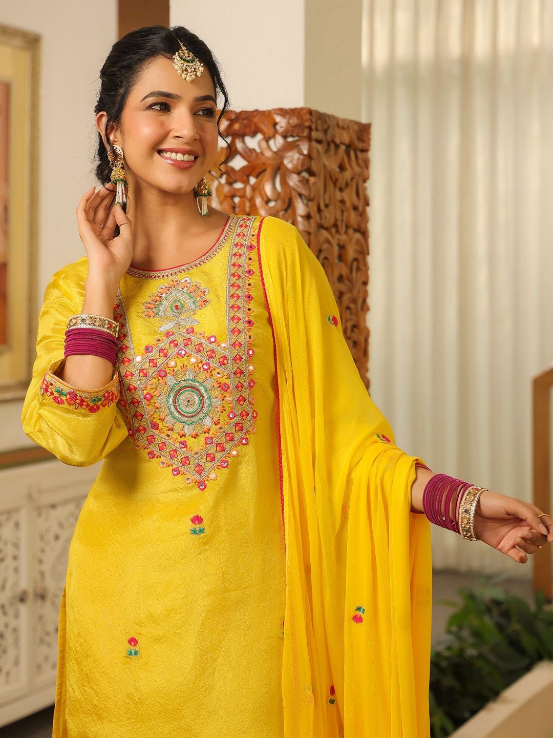 Dhiyona SC Women Ethnic Motifs Embroidered Kurta with Sharara & Dupatta