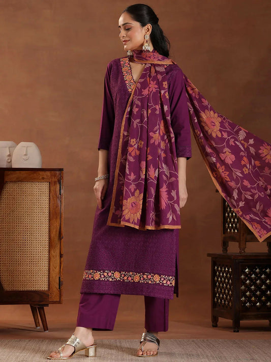 Women's LB Wine Embroidered Cotton Straight Suit With Dupatta