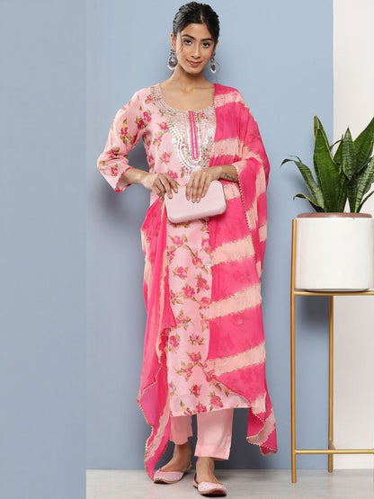 Dhiyona KL Women Pink Floral Printed Regular Mirror Work Pure Cotton Kurta Sets