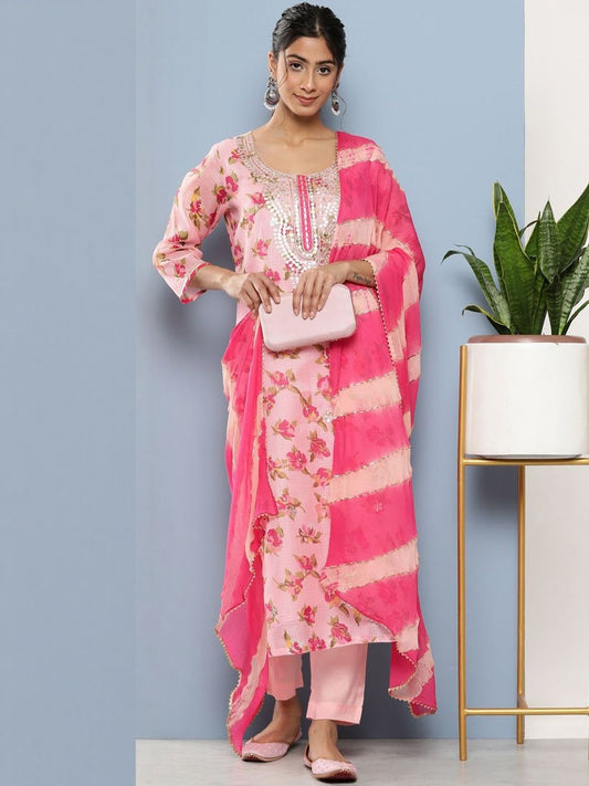 Dhiyona KL Women Pink Floral Printed Regular Mirror Work Pure Cotton Kurta Sets