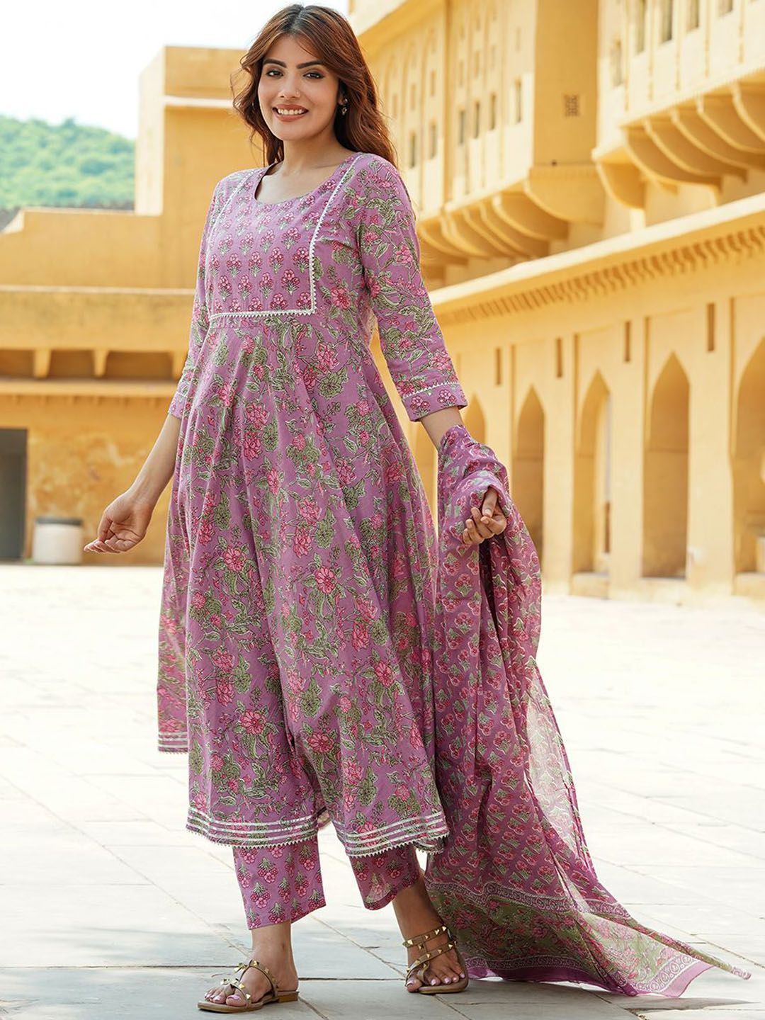 Dhiyona KL Floral Printed Gotta Patti Pure Cotton Anarkali Kurta With Trousers & Dupatta