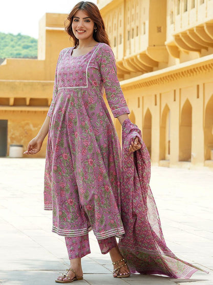 Dhiyona KL Floral Printed Gotta Patti Pure Cotton Anarkali Kurta With Trousers & Dupatta