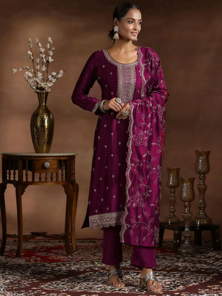 Women's LB Wine Embroidered Silk Blend Straight Suit With Dupatta