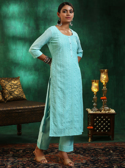 Women's LB Blue Embroidered Silk Blend Straight Suit With Dupatta