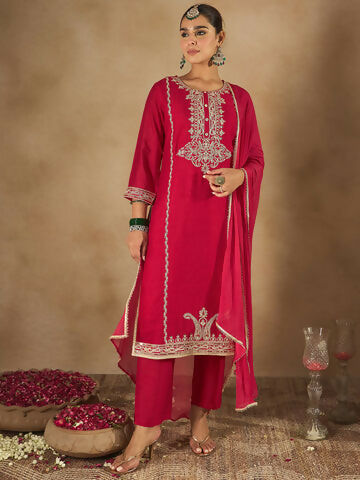 Women's Red Embroidered Straight Kurta Trousers With Dupatta Set