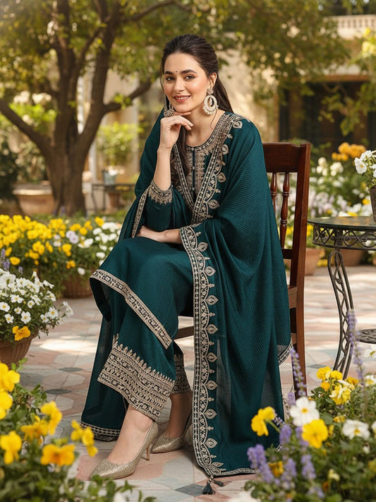 Dhiyona KL Ethnic Motifs Yoke Design Straight Kurta With Palazzos & Dupatta