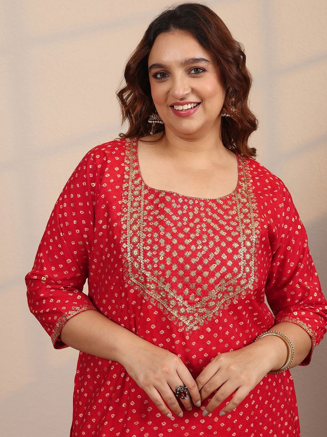Dhiyona Women's Plus Size Bandhani Printed Regular Kurta with Trousers & Dupatta