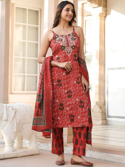 Dhiyona RR Women's Ethnic Motifs Printed Regular Beads and Stones Pure Cotton Kurta with Trousers & With