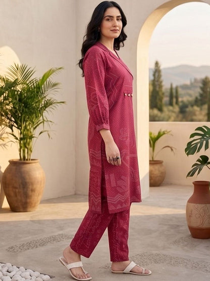 Maroon Women Ethnic Motifs Printed Angrakha Thread Work Chanderi Silk Kurta with Trousers