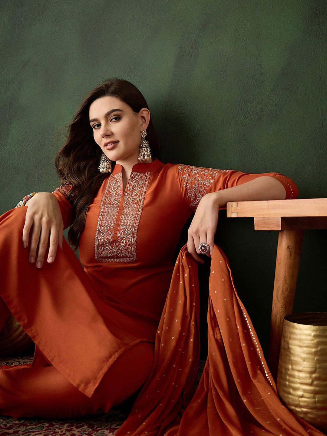 Zari Sequence Embroidered Straight Kurta & Trouser With Dupatta