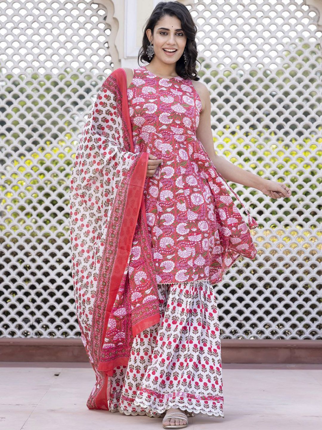 Dhiyona KL Floral Printed Anarkali Pure Cotton Kurta With Palazzos & Dupatta