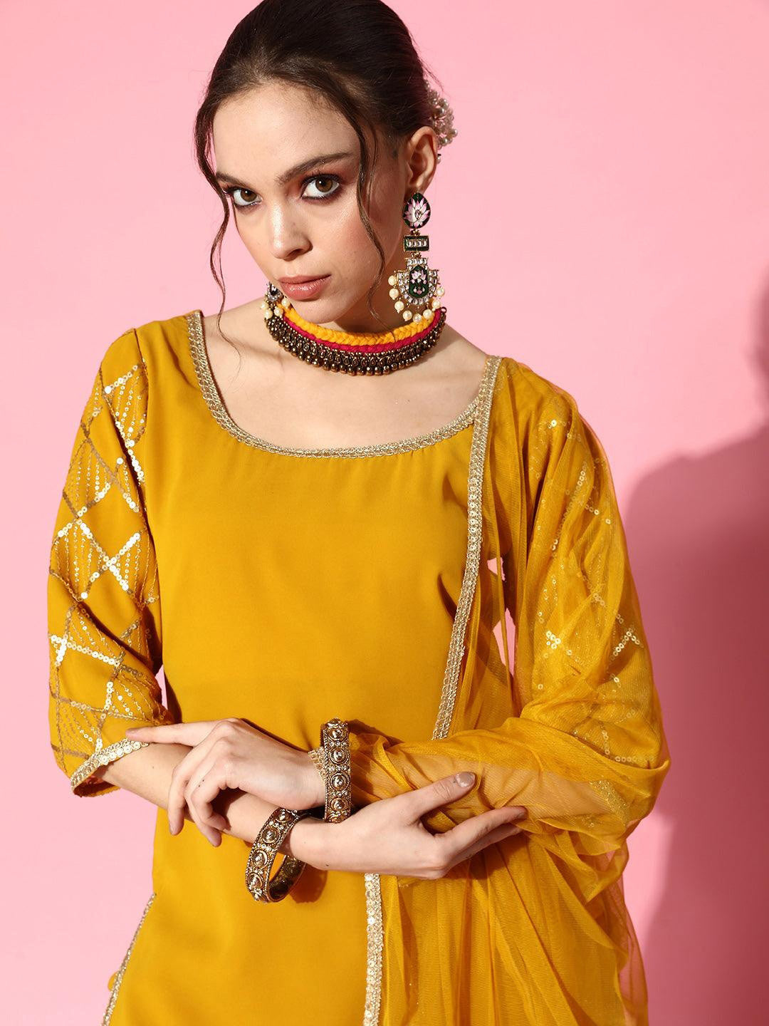 Women Regular Sequinned Kurta with Sharara & With Dupatta