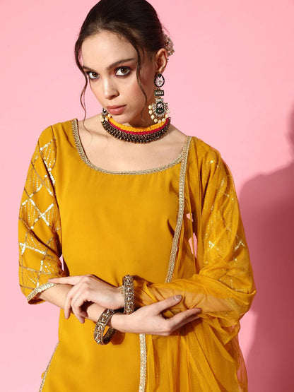 Women Regular Sequinned Kurta with Sharara & With Dupatta