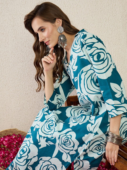 Dhiyona IE Floral Printed Pure Cotton Spread Collar Tunic With Trousers Co-Ords