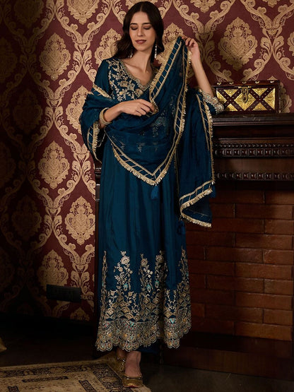 Dhiyona CH Floral Embroidered Pleated V-Neck Thread Work Kurta With Trousers & Dupatta