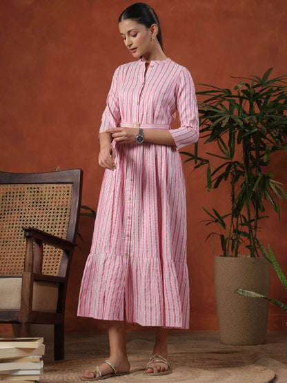 Dhiyona AY Women's Striped Jacquard Mandarin Collar Maxi Dress With Belt