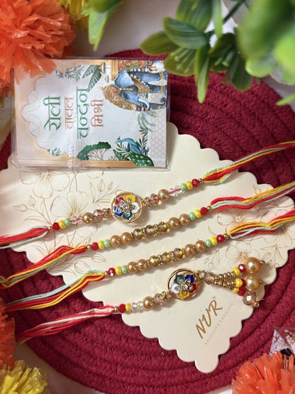 Dhiyona Set Of 4 Artificial Beads Family Pack Thread Rakhi With Roli Chawal Chandan Mishri